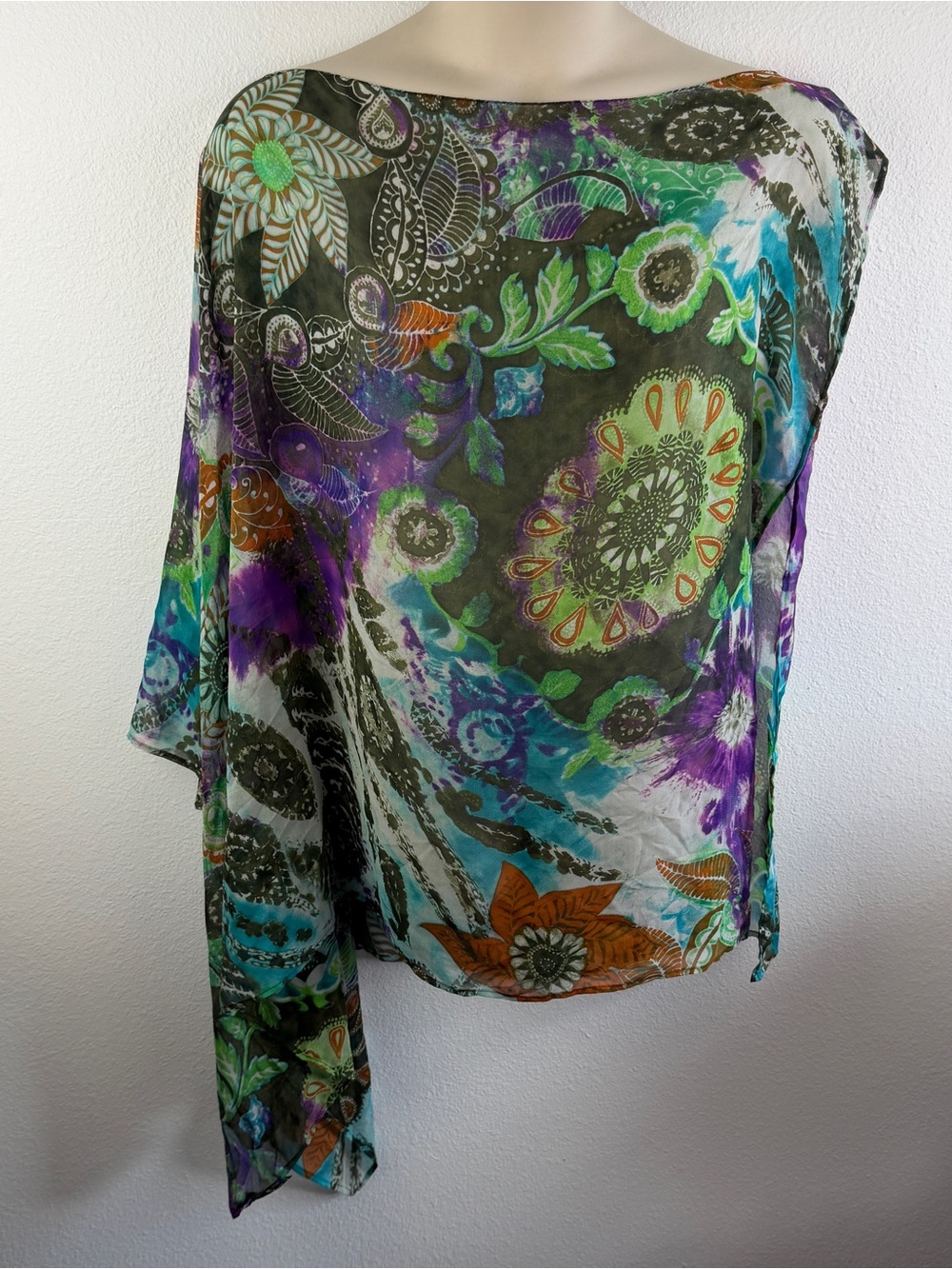Etro Silk Sheer Floral Asymmetrical Poncho Top OS